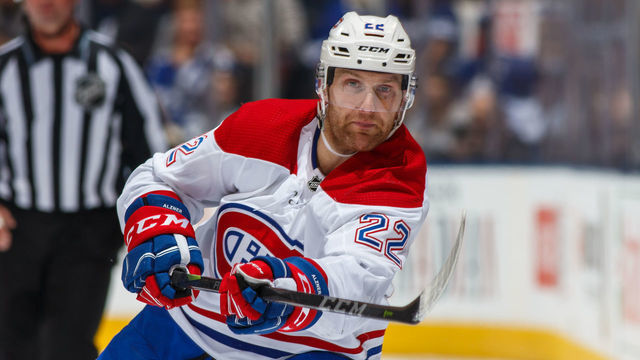 TORONTO, ON - APRIL 7: Karl Alzner #22 of the Montreal Canadiens shoots the puck against the Toronto Maple Leafs during the third period at the Air Canada Centre on April 7, 2018 in Toronto, Ontario, Canada.