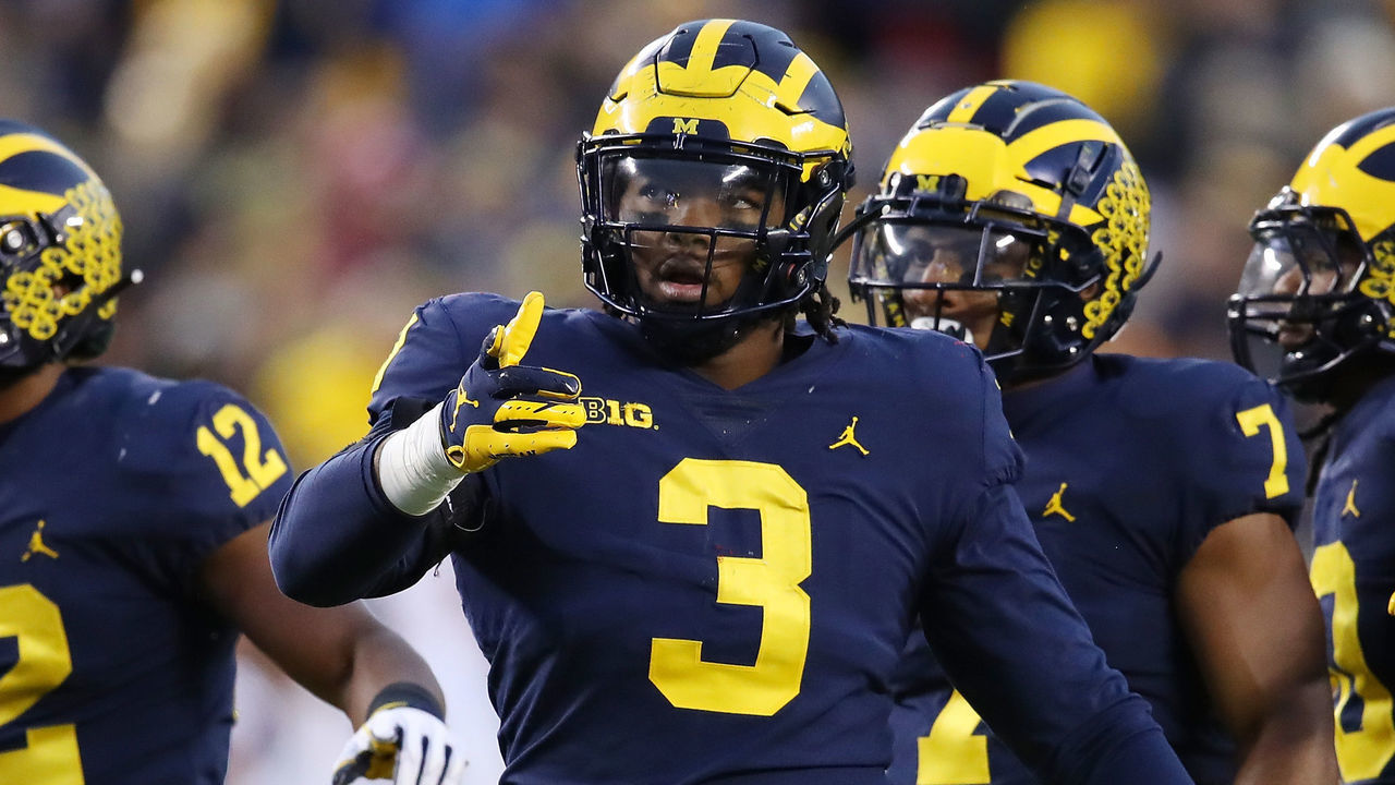 ANN ARBOR, MICHIGAN - NOVEMBER 17: Rashan Gary #3 of the Michigan Wolverines looks on while playing the Indiana Hoosiers at Michigan Stadium on November 17, 2018 in Ann Arbor, Michigan. Michigan won the game 31-20.
