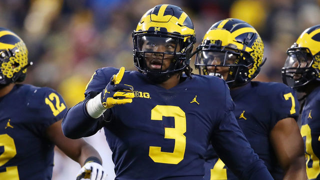 ANN ARBOR, MICHIGAN - NOVEMBER 17: Rashan Gary #3 of the Michigan Wolverines looks on while playing the Indiana Hoosiers at Michigan Stadium on November 17, 2018 in Ann Arbor, Michigan. Michigan won the game 31-20.