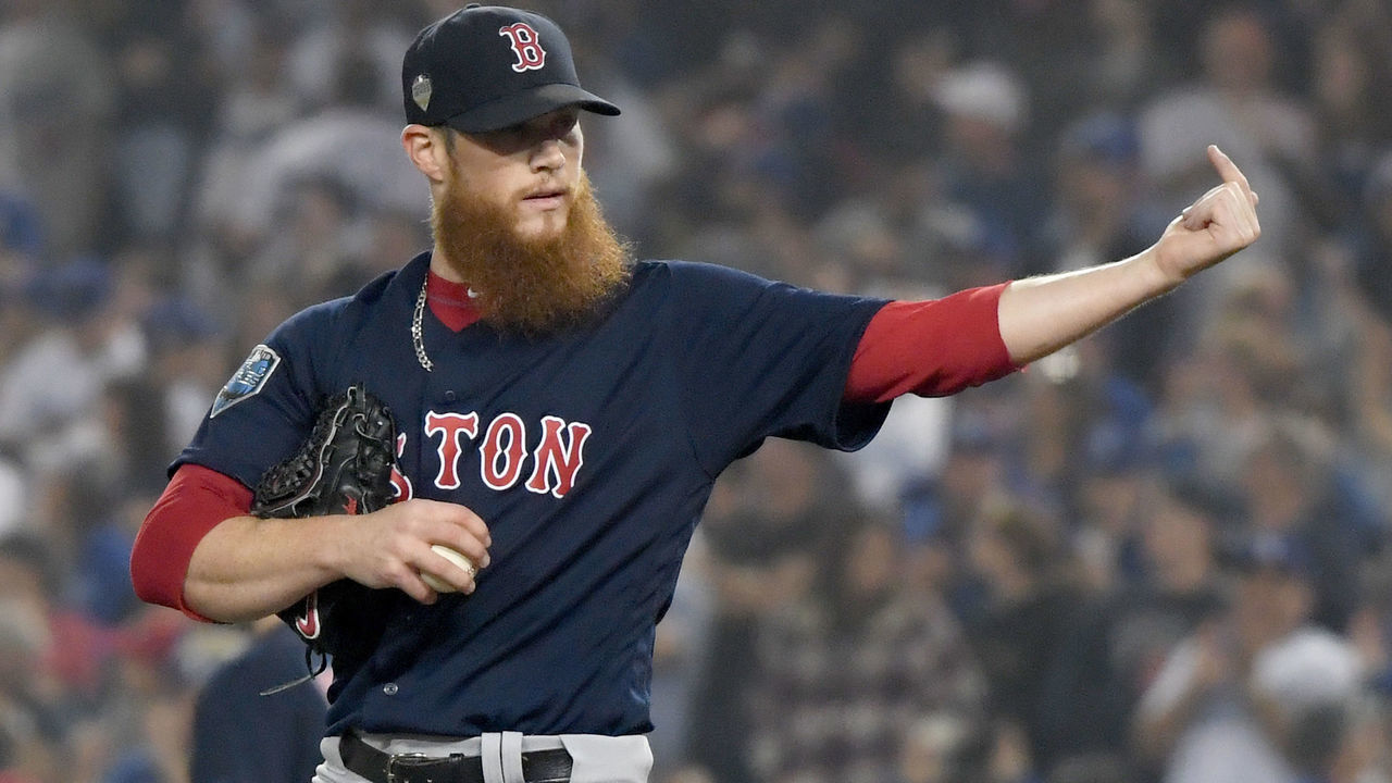 LOS ANGELES, CA - OCTOBER 27: Closing pitcher Craig Kimbrel #46 of the Boston Red Sox reacts after giving up a solo home run to Enrique Hernandez #14 of the Los Angeles Dodgers (not in photo) in the ninth inning in Game Four of the 2018 World Series at Dodger Stadium on October 27, 2018 in Los Angeles, California.