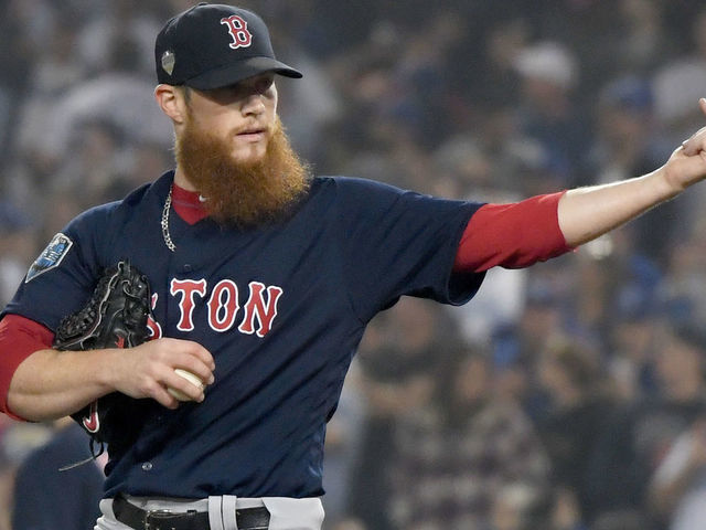 LOS ANGELES, CA - OCTOBER 27: Closing pitcher Craig Kimbrel #46 of the Boston Red Sox reacts after giving up a solo home run to Enrique Hernandez #14 of the Los Angeles Dodgers (not in photo) in the ninth inning in Game Four of the 2018 World Series at Dodger Stadium on October 27, 2018 in Los Angeles, California.