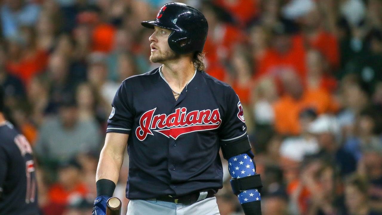 HOUSTON, TX - OCTOBER 06: Cleveland Indians third baseman Josh Donaldson (27) reacts after striking out swinging in the top of the second inning during the ALDS Game 2 between the Cleveland Indians and Houston Astros on October 6, 2018 at Minute Maid Park in Houston, Texas.
