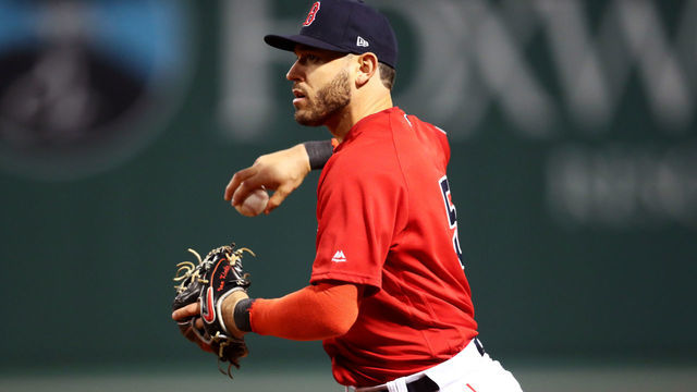 BOSTON, MA - OCTOBER 5: Ian Kinsler #5 of the Boston Red Sox fields the ball during Game 1 of the ALDS against the New York Yankees at Fenway Park on Friday, October 5, 2018 in Boston, Massachusetts.