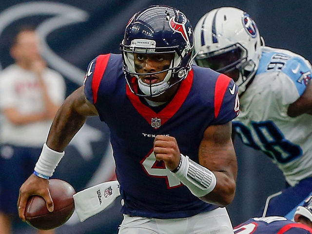HOUSTON, TX - OCTOBER 01: Deshaun Watson #4 of the Houston Texans rushes out of the pocket against the Tennessee Titans at NRG Stadium on October 1, 2017 in Houston, Texas. Houston won 57-14.