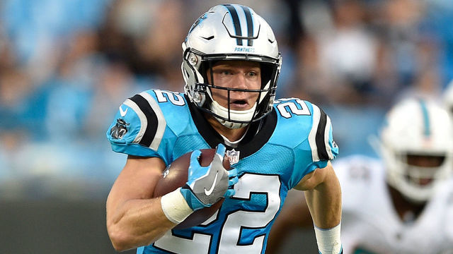CHARLOTTE, NC - AUGUST 17: Christian McCaffrey #22 of the Carolina Panthers during the game against the Miami Dolphins at Bank of America Stadium on August 17, 2018 in Charlotte, North Carolina.