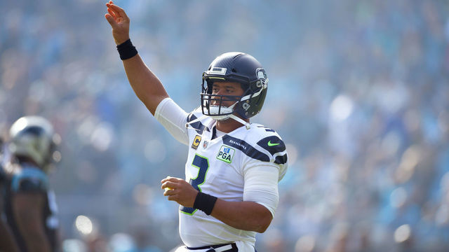 CHARLOTTE, NC - NOVEMBER 25: Russell Wilson #3 of the Seattle Seahawks against the Carolina Panthers during the first half of their game at Bank of America Stadium on November 25, 2018 in Charlotte, North Carolina.