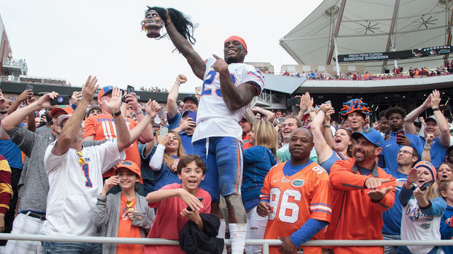 TALLAHASSEE, FL - NOVEMBER 24: Florida Gators defensive back Chauncey Gardner-Johnson (23) holds the head of an indian following the game between the Florida State Seminoles and the Florida Gators on November 17th, 2018, at Doak Campbell Stadium in Tallahassee, Florida.