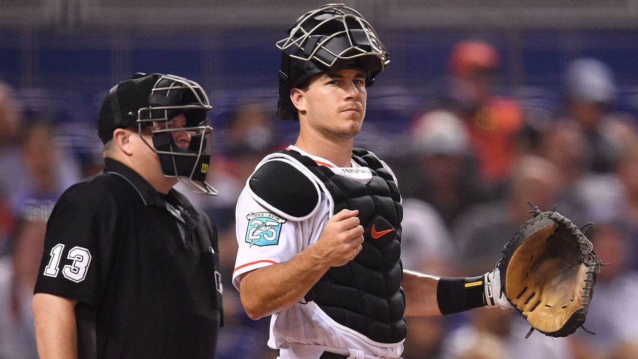 MIAMI, FL - AUGUST 21: J.T. Realmuto #11 of the Miami Marlins in action against the New York Yankees at Marlins Park on August 21, 2018 in Miami, Florida.