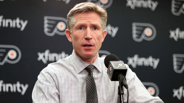 PHILADELPHIA, PA - NOVEMBER 10: Head Coach of the Philadelphia Flyers Dave Hakstol speaks to the media after defeating the Chicago Blackhawks 4-0 on November 10, 2018 at the Wells Fargo Center in Philadelphia, Pennsylvania.