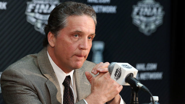 LOS ANGELES, CA - JUNE 03: Dean Lombardi, President and General Manager of the Los Angeles Kings, speaks during Media Day for the 2014 NHL Stanley Cup Final at Staples Center on June 3, 2014 in Los Angeles, California.