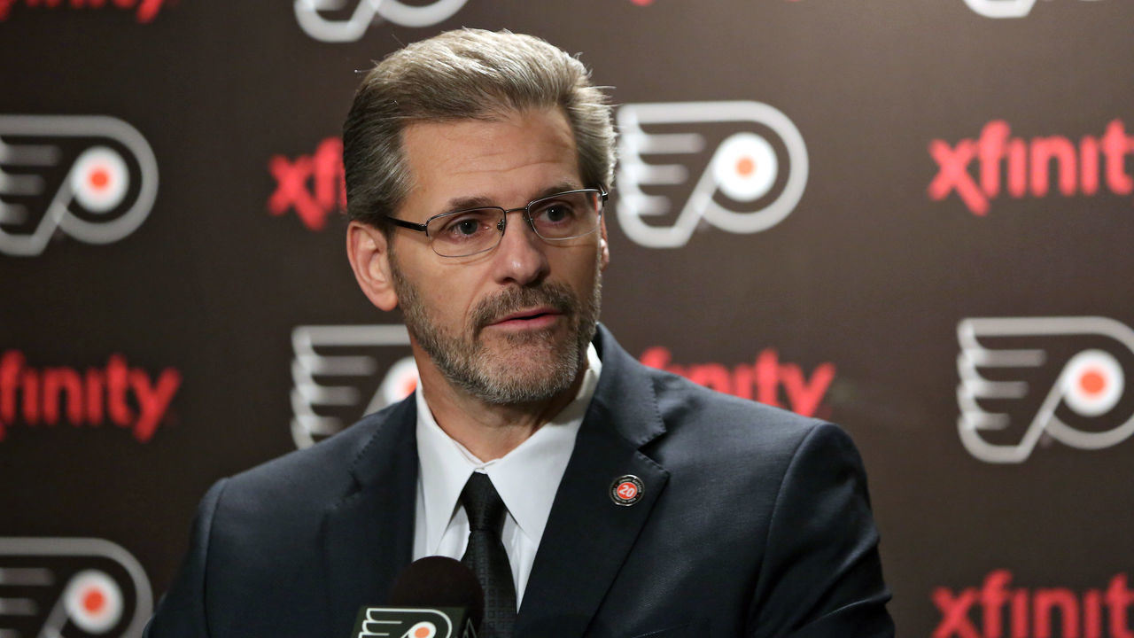 PHILADELPHIA, PA - FEBRUARY 29: General Manager Ron Hextall of the Philadelphia Flyers speaks to the media in regards to the NHL trade deadline that had recently passed prior to a game against the Calgary Flames on February 29, 2016 at the Wells Fargo Center in Philadelphia, Pennsylvania.