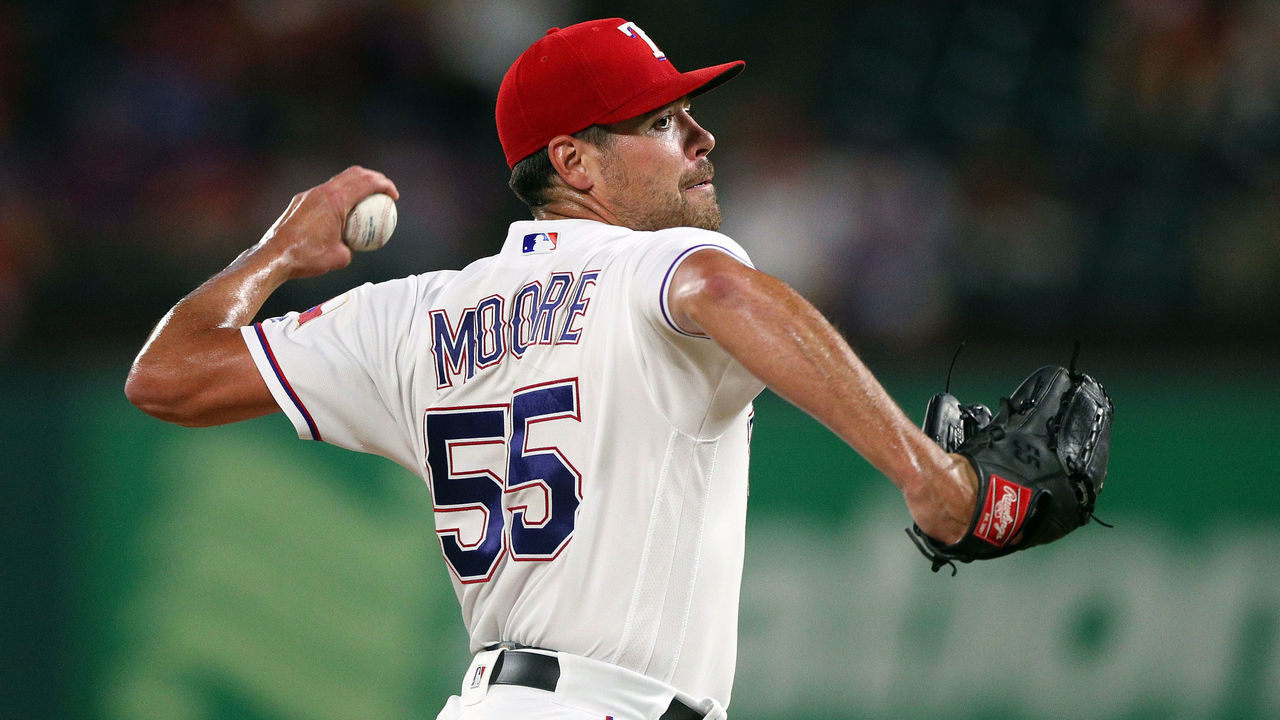 ARLINGTON, TX - SEPTEMBER 18: Matt Moore #55 of the Texas Rangers pitches the sixth inning against the Tampa Bay Rays at Globe Life Park in Arlington on September 18, 2018 in Arlington, Texas.