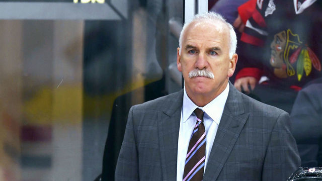 CHICAGO, IL - MARCH 26: Chicago Blackhawks head coach Joel Quenneville looks on in action during a game between the Chicago Blackhawks and the San Jose Sharks on March 26, 2018, at the United Center in Chicago, Illinois.