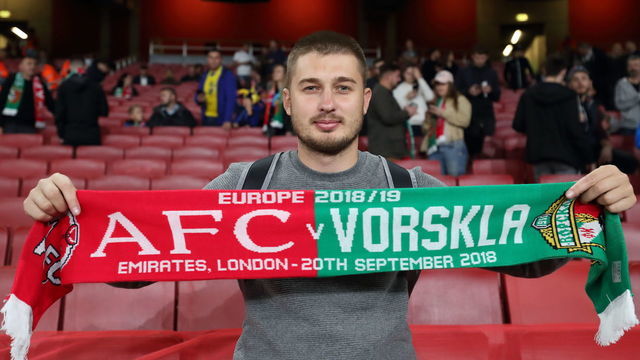LONDON, ENGLAND - SEPTEMBER 20: A Vorskla Poltava fan during the UEFA Europa League Group E match between Arsenal and Vorskla Poltava at Emirates Stadium on September 20, 2018 in London, United Kingdom.