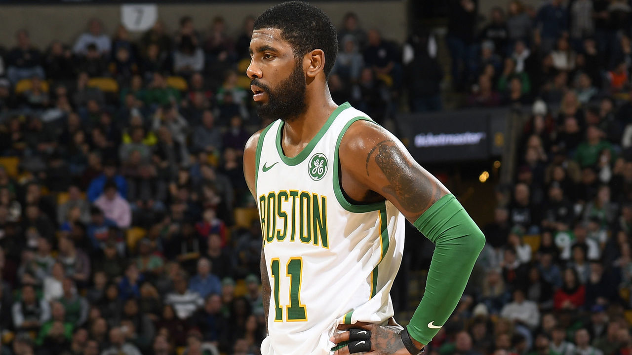 BOSTON, MA - NOVEMBER 21: Kyrie Irving #11 of the Boston Celtics looks on during a game against the New York Knicks on November 21, 2018 at TD Garden in Boston, Massachusetts. NOTE TO USER: User expressly acknowledges and agrees that, by downloading and/or using this Photograph, user is consenting to the terms and conditions of the Getty Images License Agreement. Mandatory Copyright Notice: Copyright 2018 NBAE