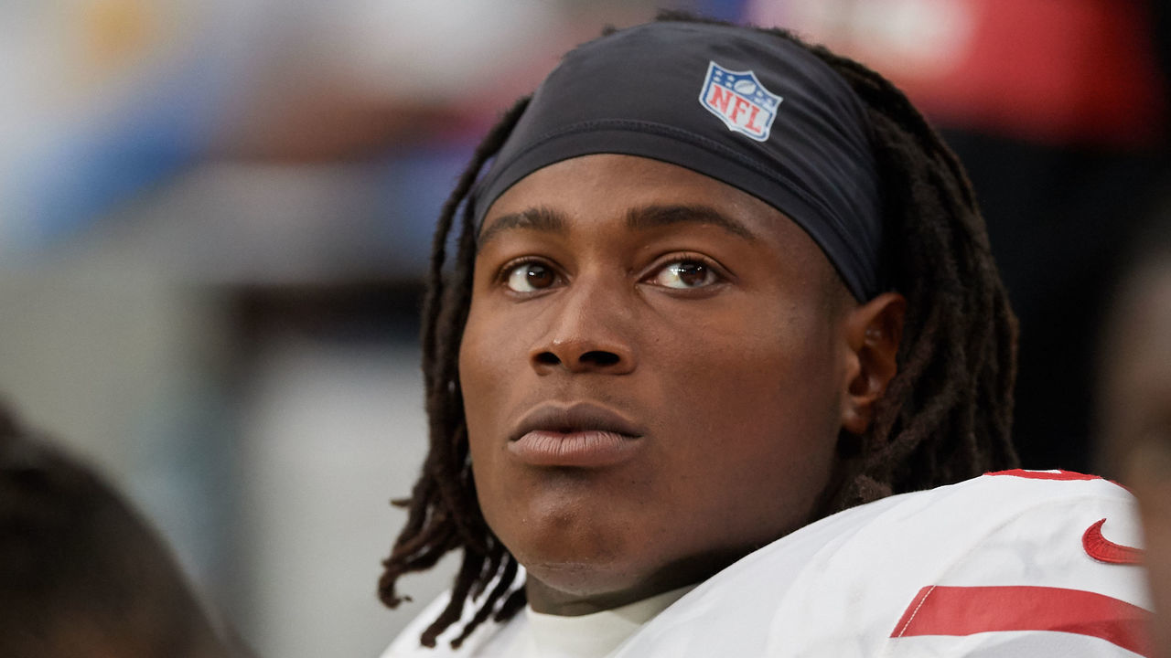GLENDALE, AZ - OCTOBER 28: San Francisco 49ers linebacker Reuben Foster (56) looks on in game action during an NFL game between the Arizona Cardinals and the San Francisco 49ers on October 28, 2018 at State Farm Stadium in Glendale, Arizona.