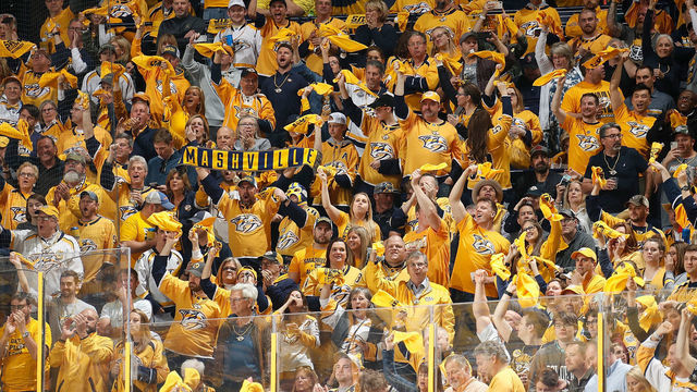 NASHVILLE, TN - APRIL 12: Nashville Predators fans celebrate a goal by Austin Watson #51 of the Nashville Predators against the Colorado Avalanche in Game One of the Western Conference First Round during the 2018 NHL Stanley Cup Playoffs at Bridgestone Arena on April 12, 2018 in Nashville, Tennessee.