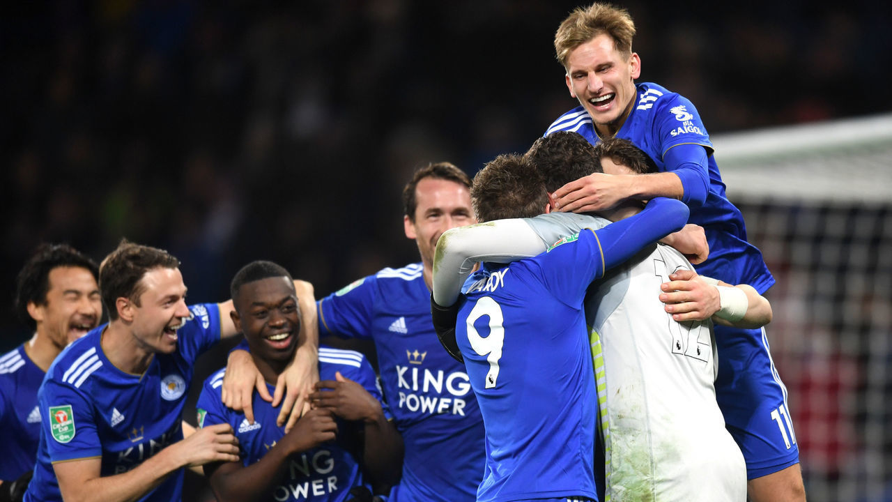 LEICESTER, ENGLAND - NOVEMBER 27: Marc Albrighton, Danny Ward and Jamie Vardy celebrates with team mates after winning a penalty shoot out during the Carabao Cup Fourth Round match between Leicester City and Southampton at The King Power Stadium on October 30, 2018 in Leicester, England.
