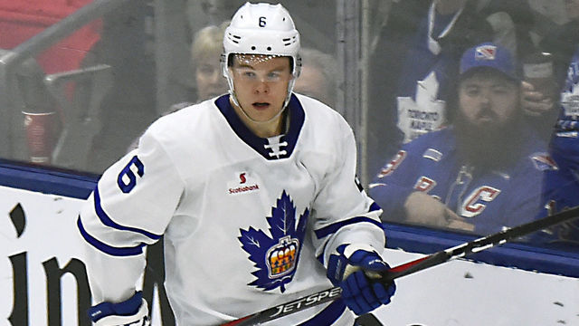TORONTO, ON - OCTOBER 14: Andrew Nielsen #6 of the Toronto Marlies turns up ice against the Utica Comets during AHL game action on October 14, 2018 at Coca-Cola Coliseum in Toronto, Ontario, Canada.