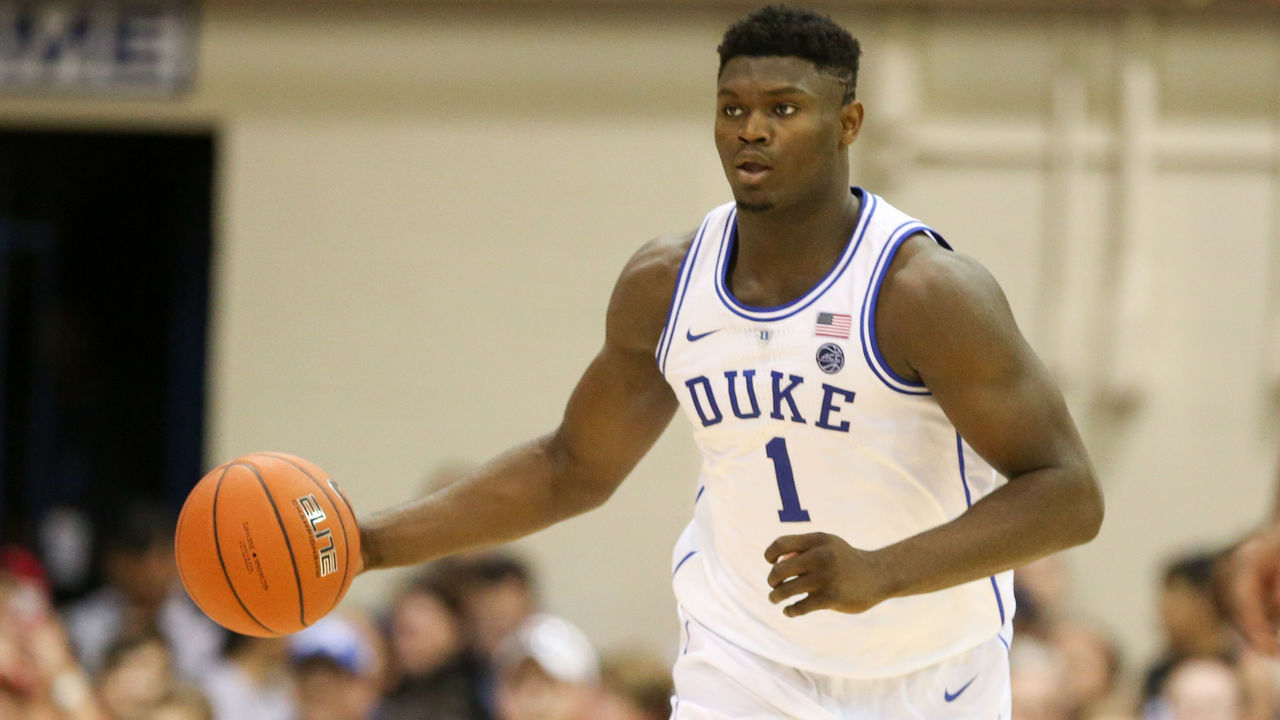 LAHAINA, HI - NOVEMBER 20: Zion Williamson #1 of the Duke Blue Devils brings the ball up court during the first half of the game against the Auburn Tigers at the Lahaina Civic Center on November 20, 2018 in Lahaina, Hawaii.