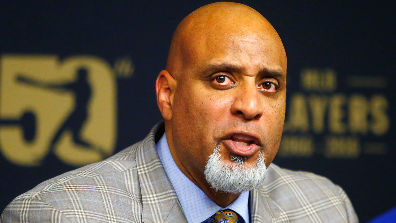 NEW YORK, NY - JUNE 16: MLBPA Executive Director Tony Clark speaks during a press conference on youth initiatives hosted by Major League Baseball and the Major League Baseball Players Association at Citi Field before a game between the New York Mets and the Pittsburgh Pirates on June 16, 2016 in the Queens borough of New York City. The Mets defeated the Pirates 6-4.