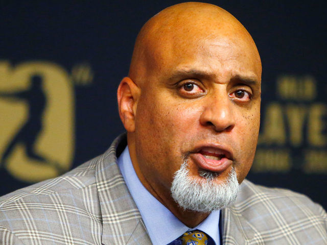 NEW YORK, NY - JUNE 16: MLBPA Executive Director Tony Clark speaks during a press conference on youth initiatives hosted by Major League Baseball and the Major League Baseball Players Association at Citi Field before a game between the New York Mets and the Pittsburgh Pirates on June 16, 2016 in the Queens borough of New York City. The Mets defeated the Pirates 6-4.