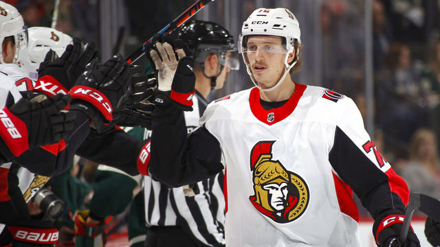 ST. PAUL, MN - NOVEMBER 21: Thomas Chabot #72 of the Ottawa Senators celebrates his 3rd period goal during a game with the Minnesota Wild at Xcel Energy Center on November 21, 2018 in St. Paul, Minnesota. The Wild defeated the Senators 6-4.