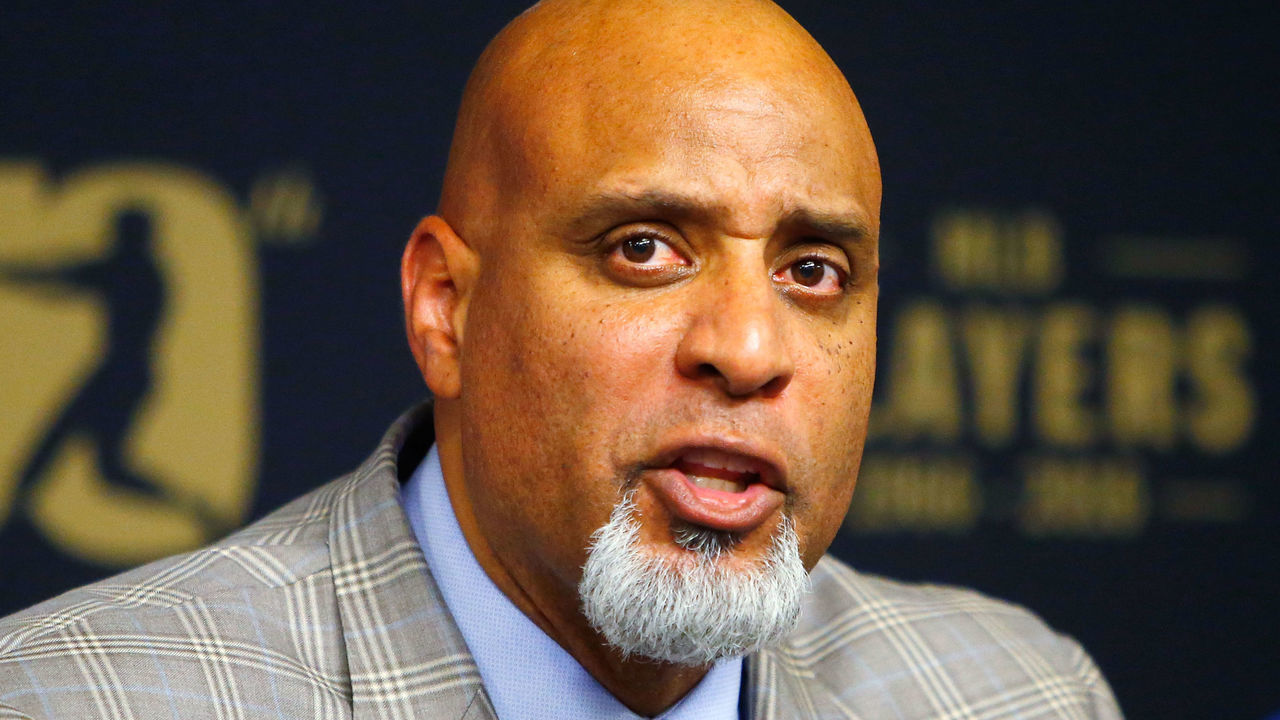 NEW YORK, NY - JUNE 16: MLBPA Executive Director Tony Clark speaks during a press conference on youth initiatives hosted by Major League Baseball and the Major League Baseball Players Association at Citi Field before a game between the New York Mets and the Pittsburgh Pirates on June 16, 2016 in the Queens borough of New York City. The Mets defeated the Pirates 6-4.