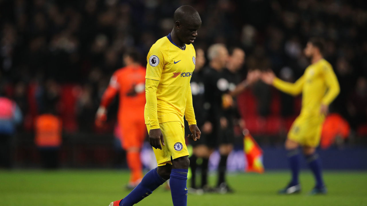 LONDON, ENGLAND - NOVEMBER 24: A dejected Ngolo Kante of Chelsea during the Premier League match between Tottenham Hotspur and Chelsea FC at Tottenham Hotspur Stadium on November 24, 2018 in London, United Kingdom.