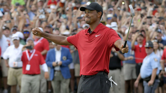 ATLANTA, GA - SEPTEMBER 23: Tiger Woods celebrates his win after the final round of the TOUR Championship at East Lake Golf Club on September 23, 2018, in Atlanta, Georgia.