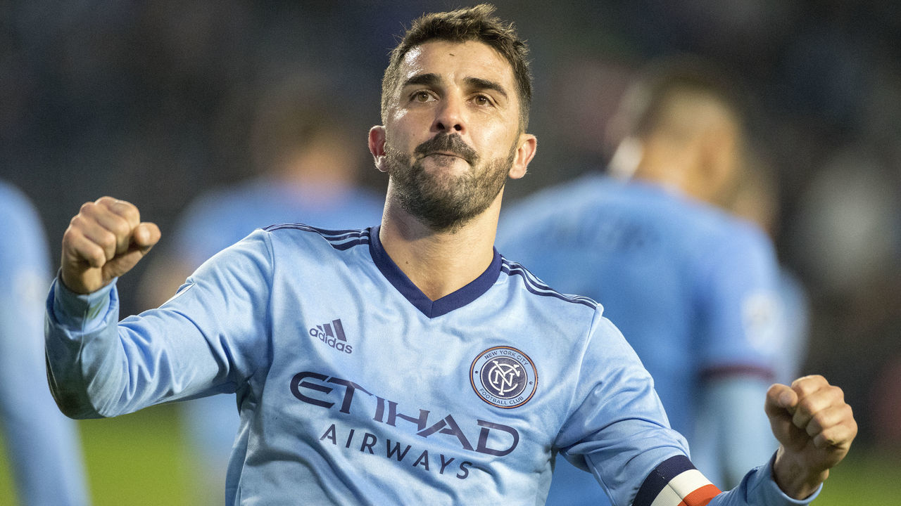 NEW YORK, NEW YORK - October 31: David Villa #7 of New York City celebrates after scoring his sides second goal during the New York City FC Vs Philadelphia Union MLS Eastern Conference Knockout match at Yankee Stadium on October 31st, 2018 in New York City.