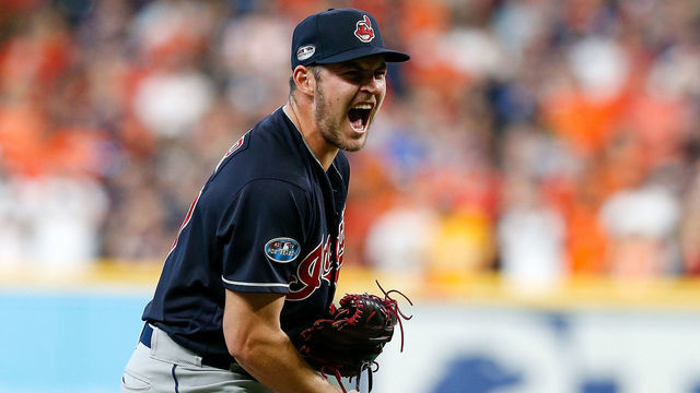 HOUSTON, TX - OCTOBER 06: Trevor Bauer #47 of the Cleveland Indians reacts against the Houston Astros at the end of the sixth inning during Game Two of the American League Division Series at Minute Maid Park on October 6, 2018 in Houston, Texas.