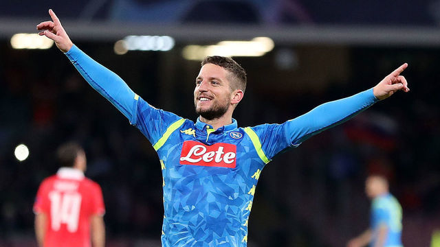 NAPLES, ITALY - NOVEMBER 28: Dries Mertens of SSC Napoli celebrates after scoring the 2-0 goal during the Group C match of the UEFA Champions League between SSC Napoli and Red Star Belgrade at Stadio San Paolo on November 28, 2018 in Naples, Italy.