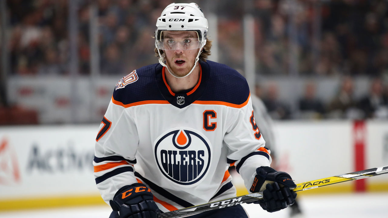 ANAHEIM, CA - NOVEMBER 23: Connor McDavid #97 of the Edmonton Oilers skates during the first period of a game against the Anaheim Ducks at Honda Center on November 23, 2018 in Anaheim, California.