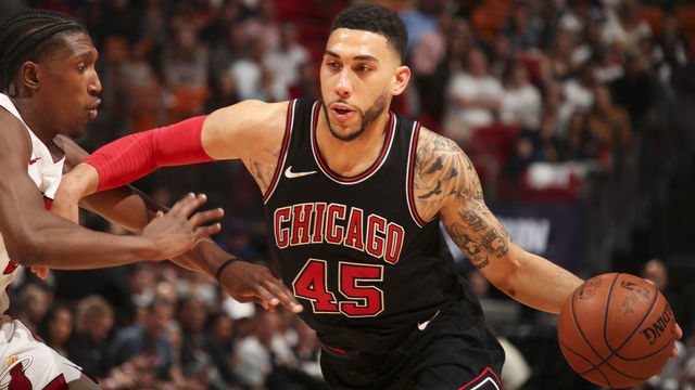 MIAMI, FL - MARCH 29: Denzel Valentine #45 of the Chicago Bulls jocks for a position during the game against the Miami Heat on March 29, 2018 at American Airlines Arena in Miami, Florida. Mandatory Copyright Notice: Copyright 2018 NBAE