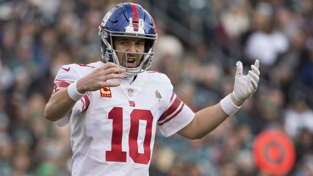 PHILADELPHIA, PA - NOVEMBER 25: Eli Manning #10 of the New York Giants reacts against the Philadelphia Eagles at Lincoln Financial Field on November 25, 2018 in Philadelphia, Pennsylvania.