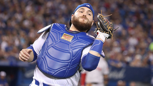 TORONTO, ON - AUGUST 9: Russell Martin #55 of the Toronto Blue Jays catches a foul pop up in the eighth inning during MLB game action against the Boston Red Sox at Rogers Centre on August 9, 2018 in Toronto, Canada.