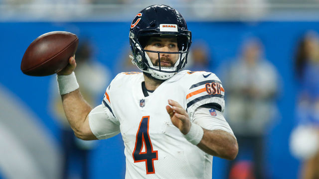 DETROIT, MI - NOVEMBER 22: Chicago Bears quarterback Chase Daniel (4) throws a pass during a regular season game between the Chicago Bears and the Detroit Lions on November 22, 2018 at Ford Field in Detroit, Michigan.