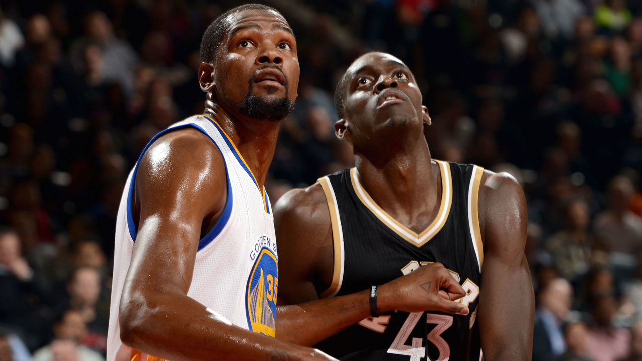 TORONTO, CANADA - NOVEMBER 16: Kevin Durant #35 of the Golden State Warriors and Pascal Siakam #43 of the Toronto Raptors look on during the game on November 16, 2016 at the Air Canada Centre in Toronto, Ontario, Canada. Mandatory Copyright Notice: Copyright 2016 NBAE