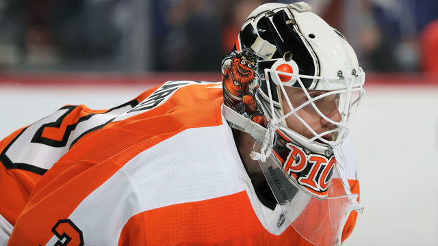 PHILADELPHIA, PA - NOVEMBER 17: Calvin Pickard #33 of the Philadelphia Flyers looks on against the Tampa Bay Lightning on November 17, 2018 at the Wells Fargo Center in Philadelphia, Pennsylvania.