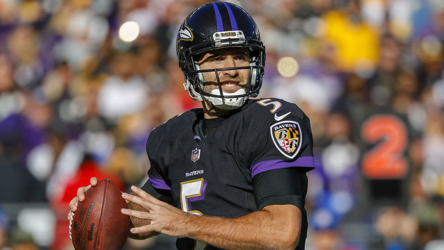 BALTIMORE, MD - NOVEMBER 04: Joe Flacco #5 of the Baltimore Ravens drops back to pass against the Pittsburgh Steelers during the second quarter at M&T Bank Stadium on November 4, 2018 in Baltimore, Maryland.
