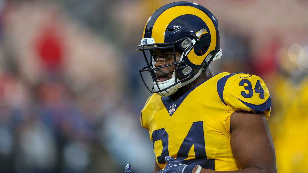 LOS ANGELES, - NOVEMBER 19: Los Angeles Rams running back Malcolm Brown (34) during a NFL game between the Kansas City Chiefs and the Los Angeles Rams on November 19, 2018 at the Los Angeles Memorial Coliseum in Los Angeles, CA.