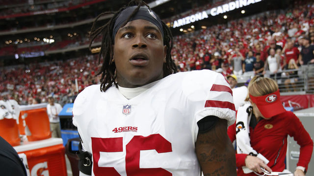 GLENDALE, AZ - OCTOBER 28: Reuben Foster #56 of the San Francisco 49ers stands on the sideline prior to the game against the Arizona Cardinals at State Farm Stadium on October 28, 2018 in Glendale, Arizona. The Cardinals defeated the 49ers 18-15.