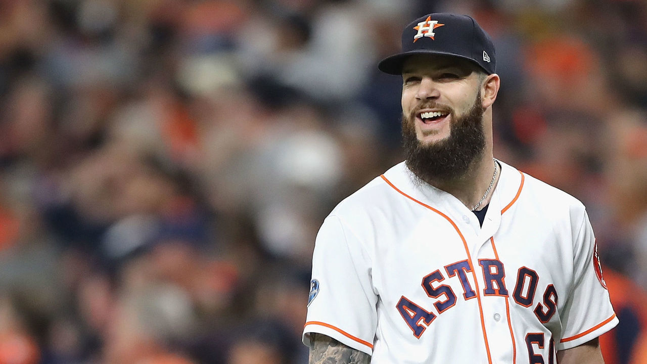 HOUSTON, TX - OCTOBER 16: Dallas Keuchel #60 of the Houston Astros reacts in the third inning as a play is reviewed against the Boston Red Sox during Game Three of the American League Championship Series at Minute Maid Park on October 16, 2018 in Houston, Texas.