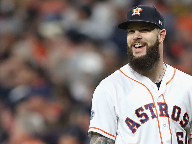 HOUSTON, TX - OCTOBER 16: Dallas Keuchel #60 of the Houston Astros reacts in the third inning as a play is reviewed against the Boston Red Sox during Game Three of the American League Championship Series at Minute Maid Park on October 16, 2018 in Houston, Texas.