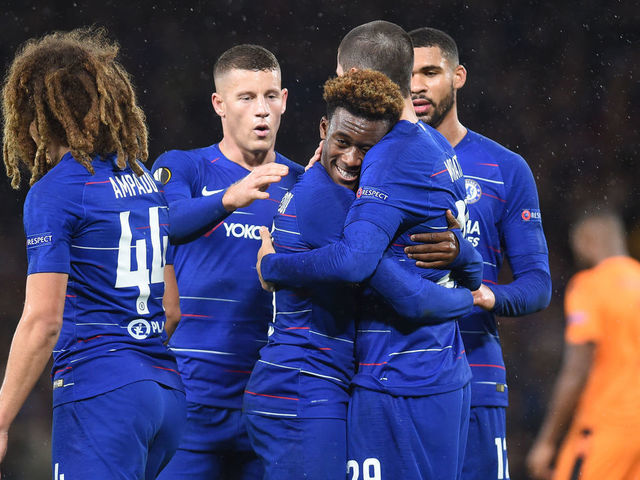 LONDON, ENGLAND - NOVEMBER 29: Alvaro Morata of Chelsea celebrates with teammates after scoring his team's fourth goal during the UEFA Europa League Group L match between Chelsea and PAOK at Stamford Bridge on November 29, 2018 in London, United Kingdom.