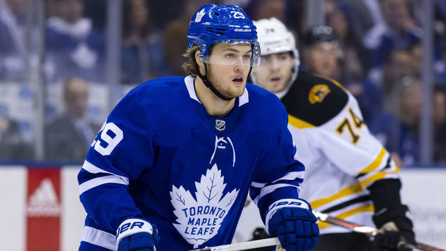 TORONTO, ON - APRIL 19: William Nylander #29 of the Toronto Maple Leafs skates against the Boston Bruins in Game Four of the Eastern Conference First Round during the 2018 NHL Stanley Cup Playoffs at the Air Canada Centre on April 19, 2018 in Toronto, Ontario, Canada.