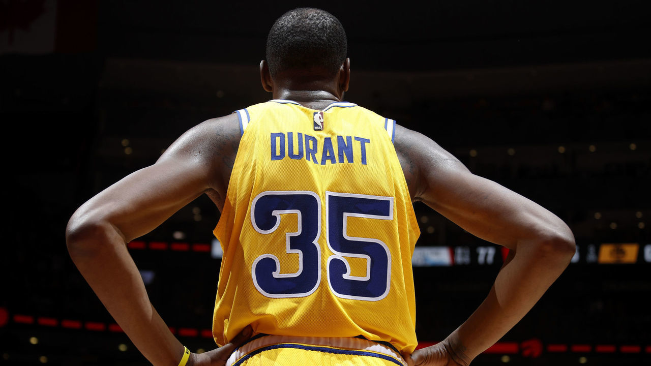 TORONTO, CANADA - NOVEMBER 29: Kevin Durant #35 of the Golden State Warriors looks on during the game against the Toronto Raptors on November 29, 2018 at Scotiabank Arena in Toronto, Ontario, Canada. NOTE TO USER: User expressly acknowledges and agrees that, by downloading and/or using this photograph, user is consenting to the terms and conditions of the Getty Images License Agreement. Mandatory Copyright Notice: Copyright 2018 NBAE