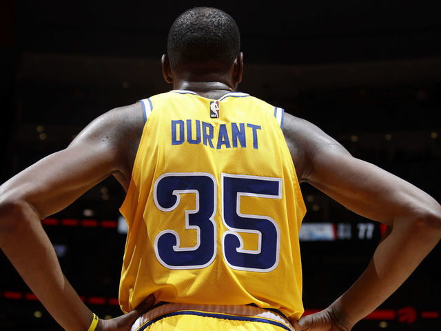 TORONTO, CANADA - NOVEMBER 29: Kevin Durant #35 of the Golden State Warriors looks on during the game against the Toronto Raptors on November 29, 2018 at Scotiabank Arena in Toronto, Ontario, Canada. NOTE TO USER: User expressly acknowledges and agrees that, by downloading and/or using this photograph, user is consenting to the terms and conditions of the Getty Images License Agreement. Mandatory Copyright Notice: Copyright 2018 NBAE