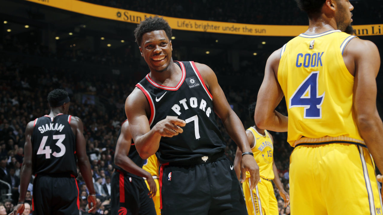 TORONTO, CANADA - NOVEMBER 29: Kyle Lowry #7 of the Toronto Raptors reacts to a play during the game against the Golden State Warriors on November 29, 2018 at Scotiabank Arena in Toronto, Ontario, Canada. NOTE TO USER: User expressly acknowledges and agrees that, by downloading and/or using this photograph, user is consenting to the terms and conditions of the Getty Images License Agreement. Mandatory Copyright Notice: Copyright 2018 NBAE